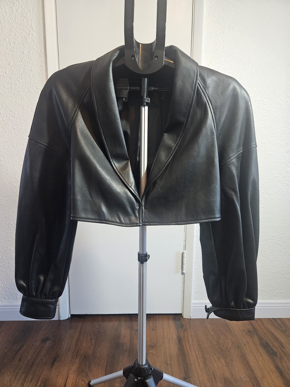 INC International Concepts Black Faux Leather Cropped Shawl Collar Jacket